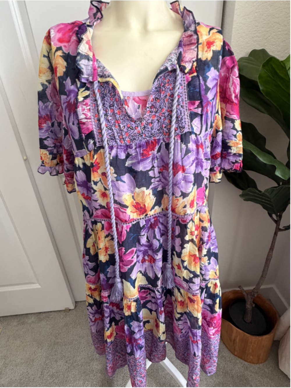Sundance Fields of Beauty Floral Tiered Mini Dress Purple Boho Medium - Picture 2 of 11
